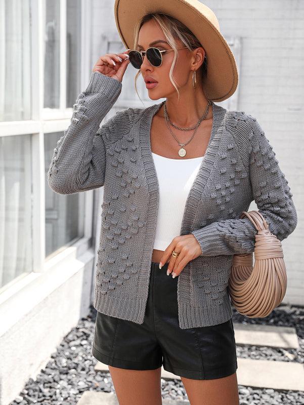 EB | Strickjacke - Damen Herbst Gestrickt Drei-Dimensional Muster Offene Front Strickjacke