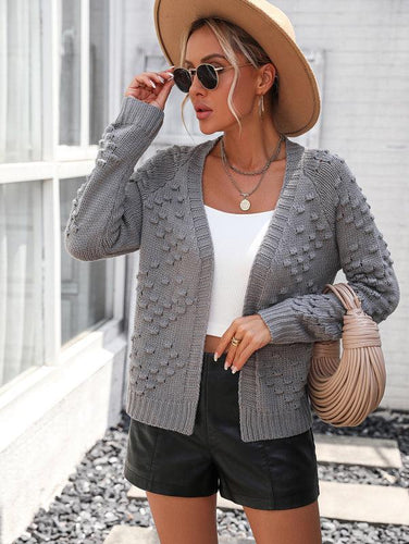 EB | Strickjacke - Damen Herbst Gestrickt Drei-Dimensional Muster Offene Front Strickjacke