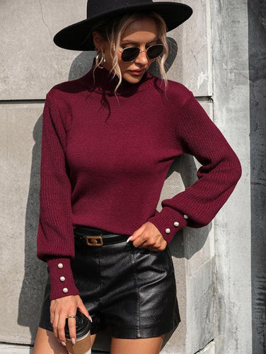 EB | Pullover - Damen Herbst Strick Rollkragenpullover mit besetzten Ärmeln