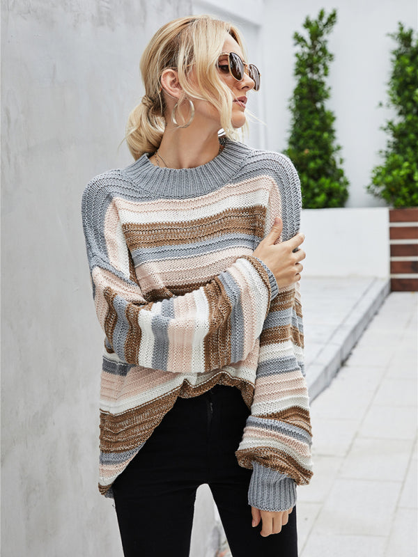 EB | Pullover - Damen Herbst Lockerer Schnitt Längeres Streifen Strickpullover