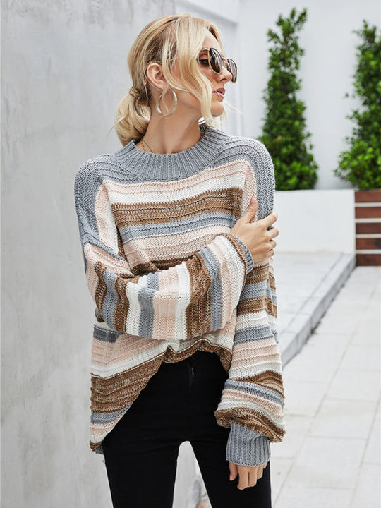 EB | Pullover - Damen Herbst Lockerer Schnitt Längeres Streifen Strickpullover