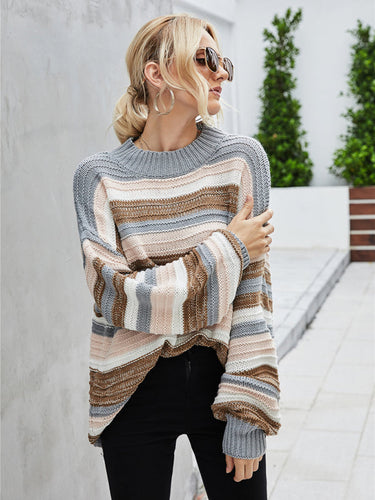 EB | Pullover - Damen Herbst Lockerer Schnitt Längeres Streifen Strickpullover