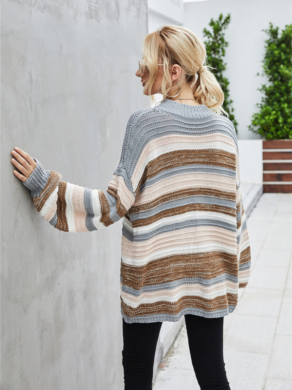 EB | Pullover - Damen Herbst Lockerer Schnitt Längeres Streifen Strickpullover