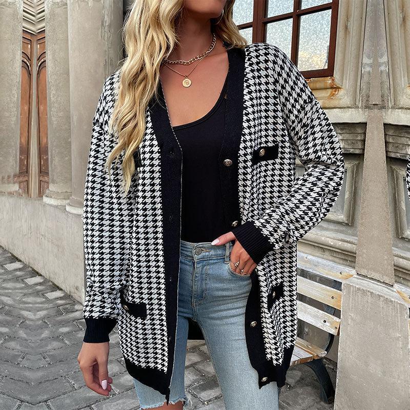 EB | Cardigan - Damen Herbst Mid-Length Hahnentritt Knopf-Front Cardigan