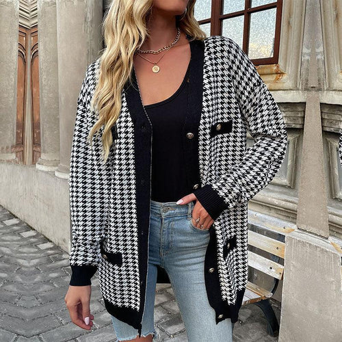 EB | Cardigan - Damen Herbst Mid-Length Hahnentritt Knopf-Front Cardigan