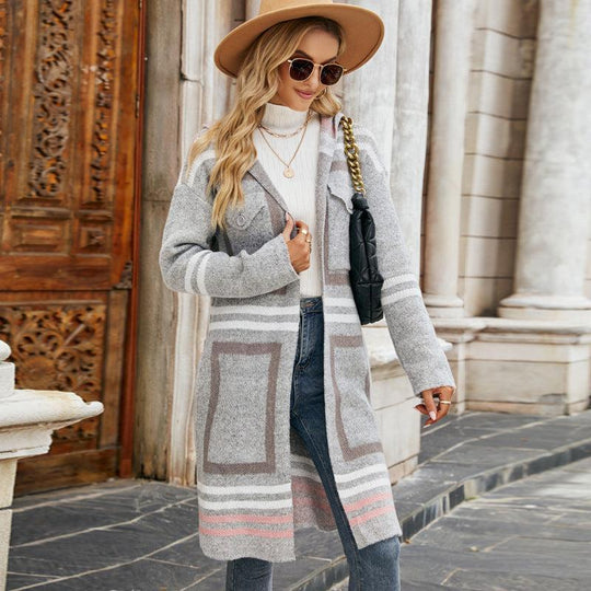 EB | Cardigan - Frauen Herbst Mid-Length Strickjacke mit Kapuze
