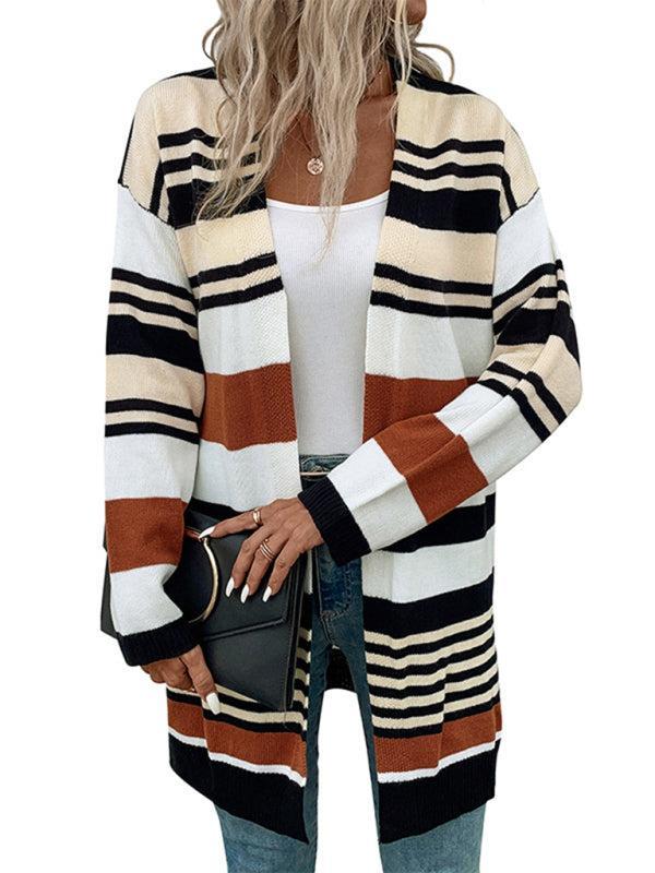 EB | Cardigan - Damen Herbst Streifen Farbkasten Mittellanger Cardigan