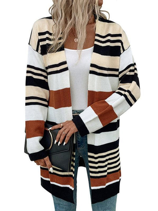 EB | Cardigan - Damen Herbst Streifen Farbkasten Mittellanger Cardigan