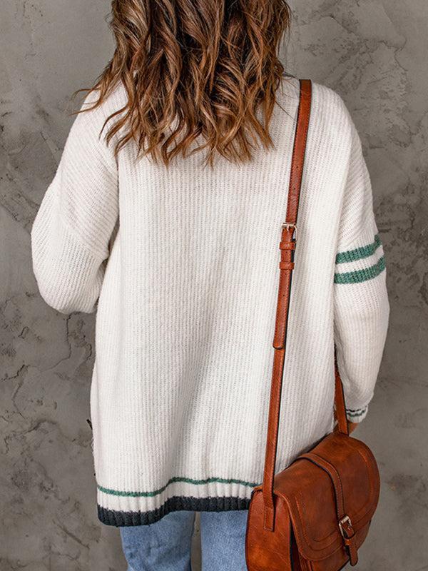 EB | Cardigan - Damen Herbst Streifenrand Kabelstrick V-Ausschnitt Cardigan mit Taschen
