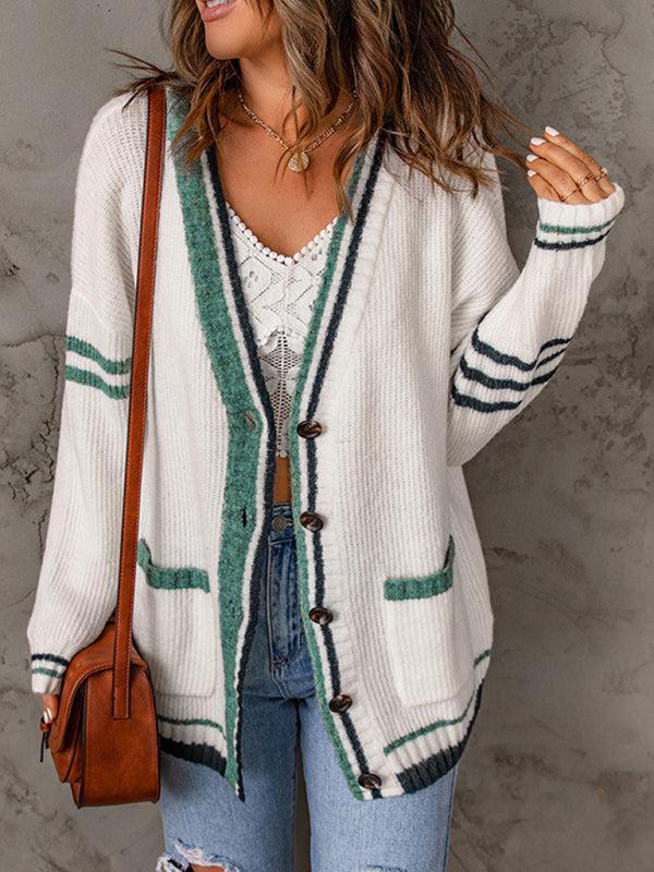 EB | Cardigan - Damen Herbst Streifenrand Kabelstrick V-Ausschnitt Cardigan mit Taschen