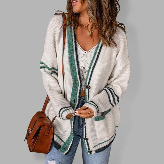 EB | Cardigan - Damen Herbst Streifenrand Kabelstrick V-Ausschnitt Cardigan mit Taschen