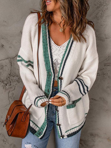 EB | Cardigan - Damen Herbst Streifenrand Kabelstrick V-Ausschnitt Cardigan mit Taschen