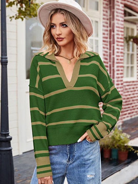 EB | Pullover - Damen Herbststreifen V-Ausschnitt Kragen Strickpullover