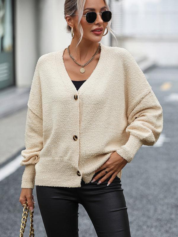 EB | Cardigan - Damen Herbst V-Ausschnitt Knopf Front Strick Cardigan