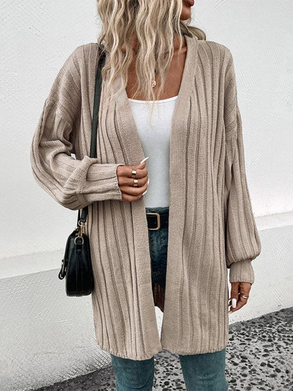 EB | Cardigan - Damen Herbst Weitgerippter Offener Front Mittellanger Cardigan