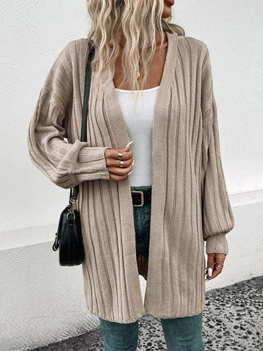 EB | Cardigan - Damen Herbst Weitgerippter Offener Front Mittellanger Cardigan