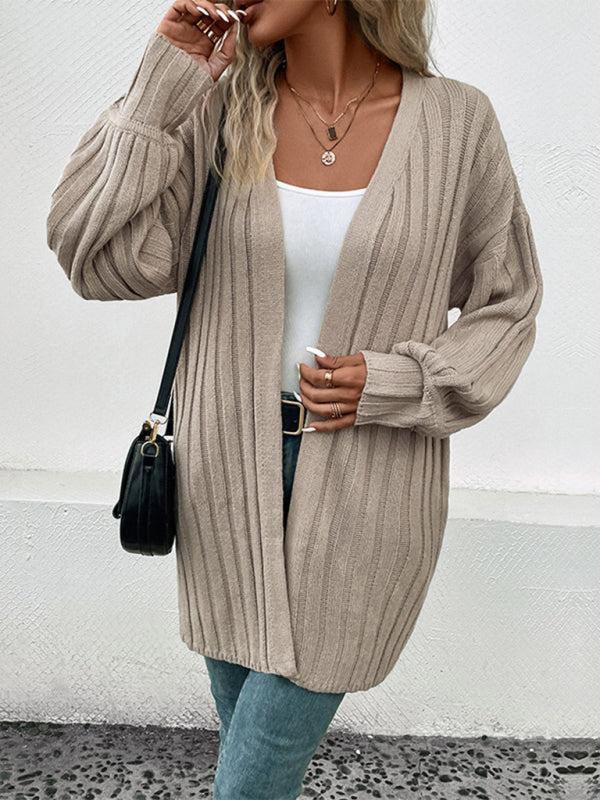 EB | Cardigan - Damen Herbst Weitgerippter Offener Front Mittellanger Cardigan