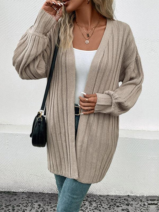 EB | Cardigan - Damen Herbst Weitgerippter Offener Front Mittellanger Cardigan