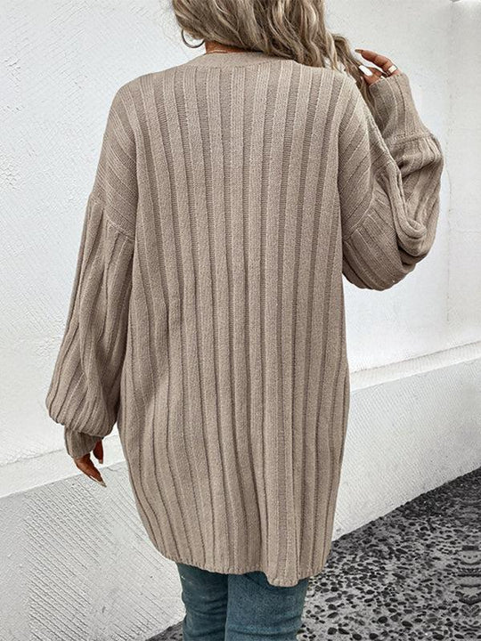 EB | Cardigan - Damen Herbst Weitgerippter Offener Front Mittellanger Cardigan