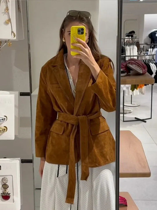 EB | Mantel - Chic Wildlederjacke mit Gürtel Und Langen Ärmeln für Den Herbst