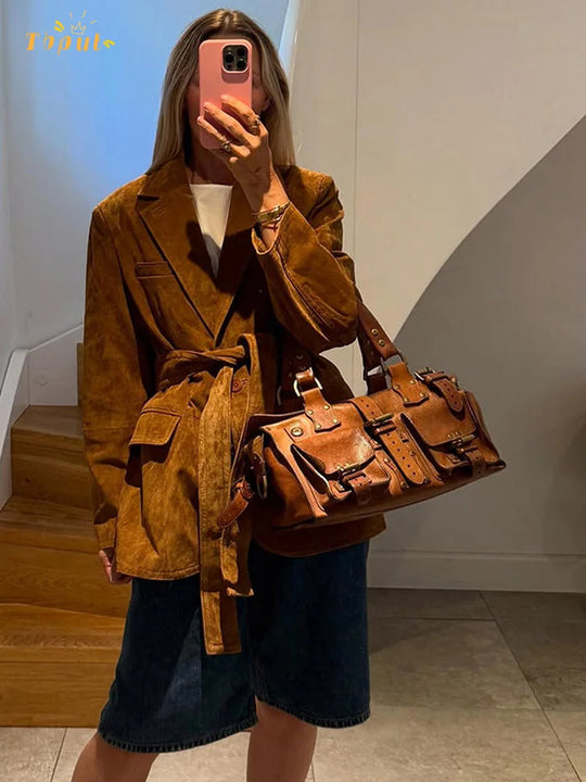 EB | Mantel - Chic Wildlederjacke mit Gürtel Und Langen Ärmeln für Den Herbst