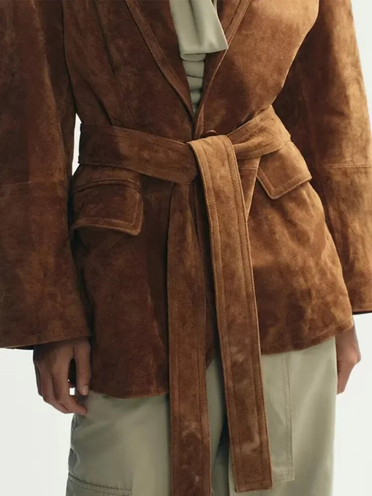 EB | Mantel - Chic Wildlederjacke mit Gürtel Und Langen Ärmeln für Den Herbst