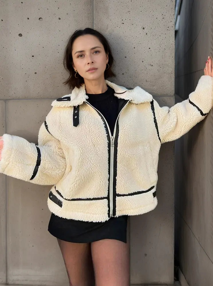 EB | Lässige Jacke mit Pelzkragen und Farbblockierung