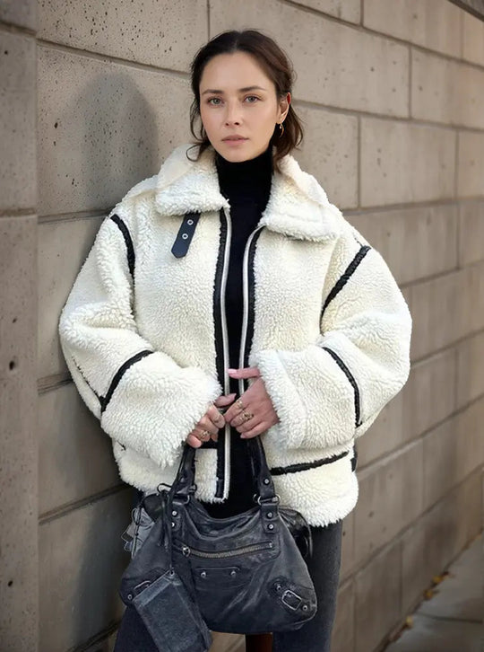 EB | Lässige Jacke mit Pelzkragen und Farbblockierung