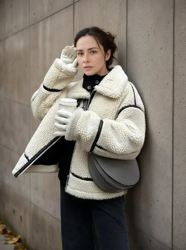 EB | Lässige Jacke mit Pelzkragen und Farbblockierung