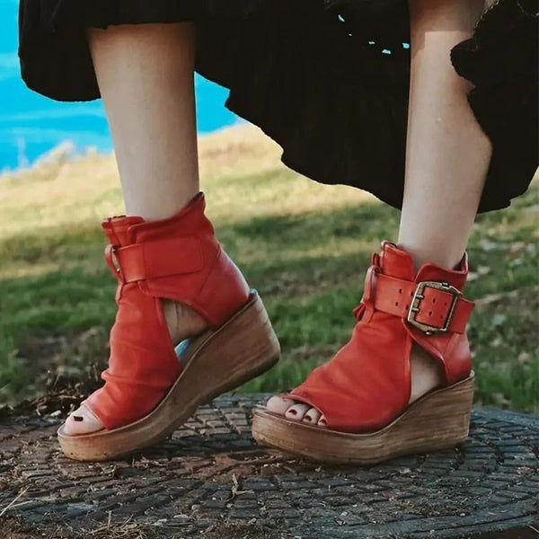 EB | Offene High Top Sandalen mit Keilabsatz und Schnalle für Damen