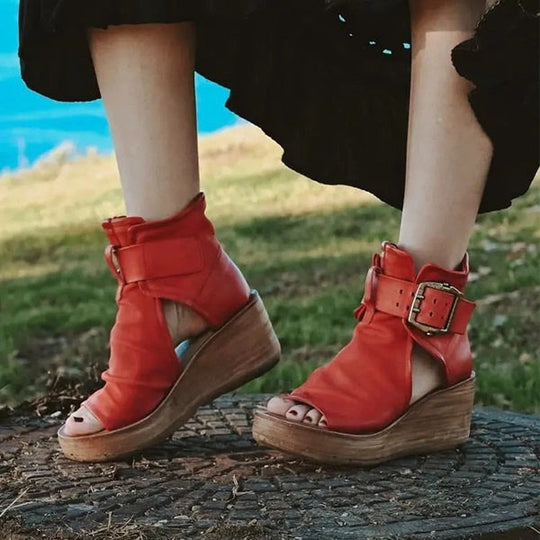 EB | Offene High Top Sandalen mit Keilabsatz und Schnalle für Damen
