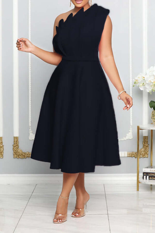 EB | One Shoulder Midi Kleid Elegante A-Linie Passform Skulpturierte Details Festliche Kleidung