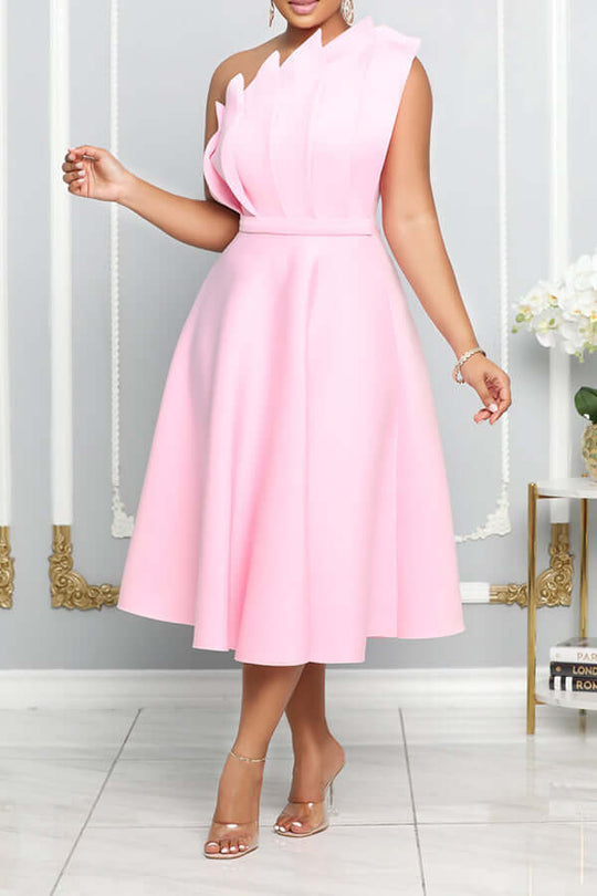 EB | One Shoulder Midi Kleid Elegante A-Linie Passform Skulpturierte Details Festliche Kleidung