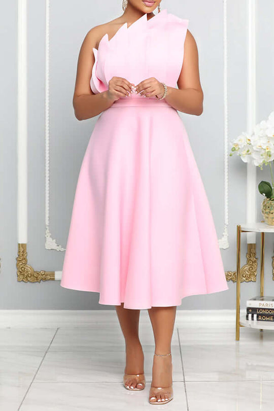 EB | One Shoulder Midi Kleid Elegante A-Linie Passform Skulpturierte Details Festliche Kleidung