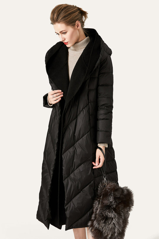 EB | Damen Lange Wattierte Pufferjacke mit Knöpfen und Kapuze Aus Faux-Fur