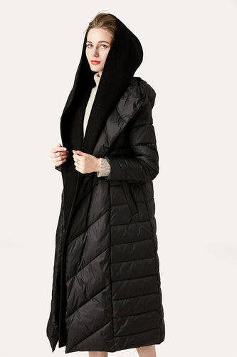 EB | Damen Lange Wattierte Pufferjacke mit Knöpfen und Kapuze Aus Faux-Fur