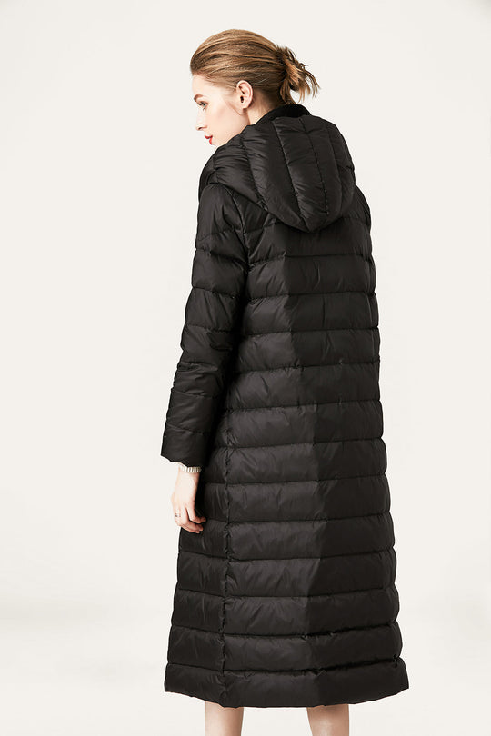 EB | Damen Lange Wattierte Pufferjacke mit Knöpfen und Kapuze Aus Faux-Fur