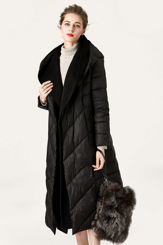 EB | Damen Lange Wattierte Pufferjacke mit Knöpfen und Kapuze Aus Faux-Fur