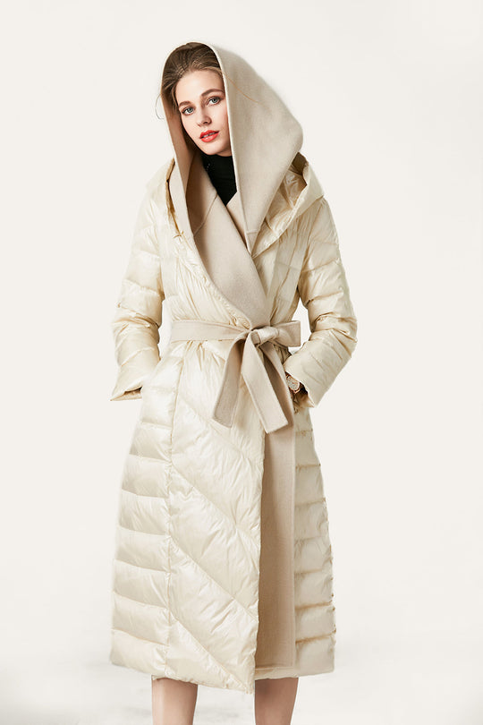 EB | Damen Lange Wattierte Pufferjacke mit Knöpfen und Kapuze Aus Faux-Fur