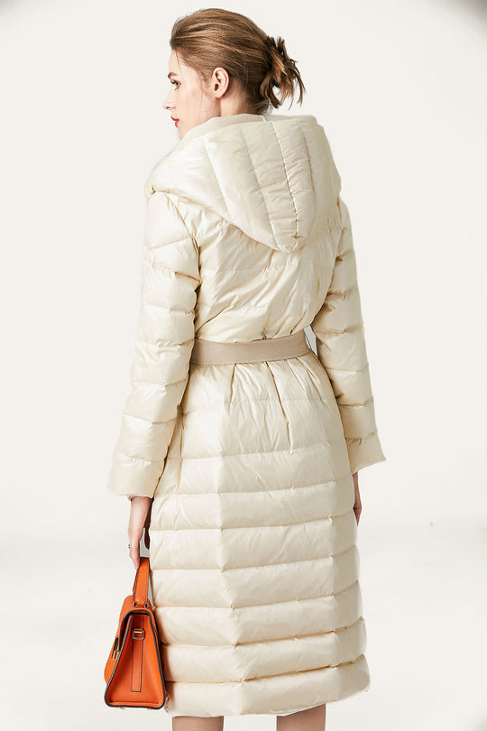 EB | Damen Lange Wattierte Pufferjacke mit Knöpfen und Kapuze Aus Faux-Fur