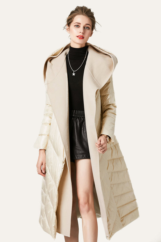 EB | Damen Lange Wattierte Pufferjacke mit Knöpfen und Kapuze Aus Faux-Fur