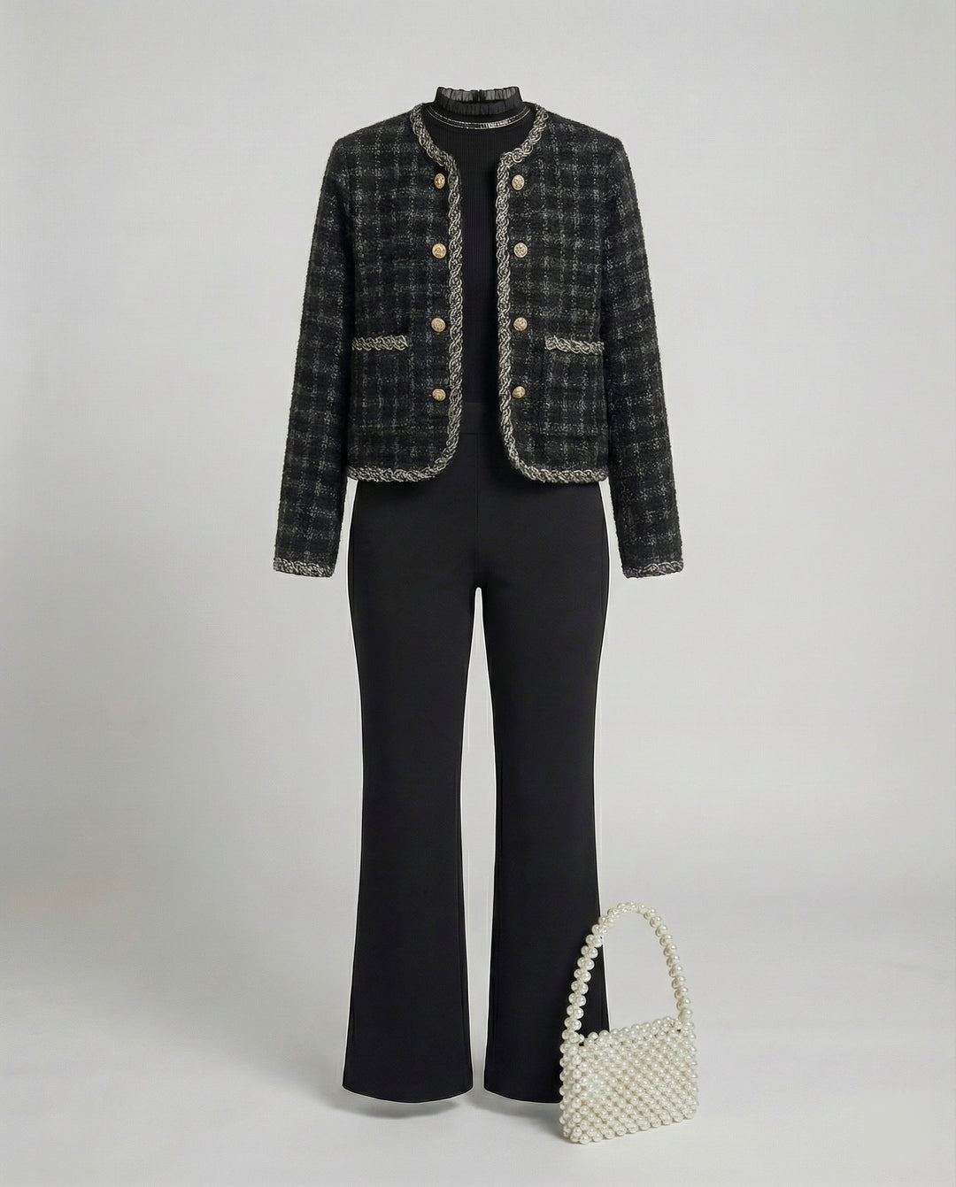 Zweiteiliges Bouclé-Set mit kurzer Strickjacke und Feinstrick-Midirock EB