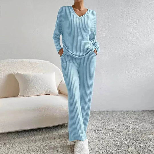 R&B | Loungewear-Set Aus Baumwollmischung mit V-Ausschnitt und Weitbeinhosen