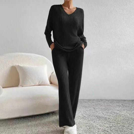 R&B | Loungewear-Set Aus Baumwollmischung mit V-Ausschnitt und Weitbeinhosen