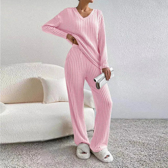 R&B | Loungewear-Set Aus Baumwollmischung mit V-Ausschnitt und Weitbeinhosen