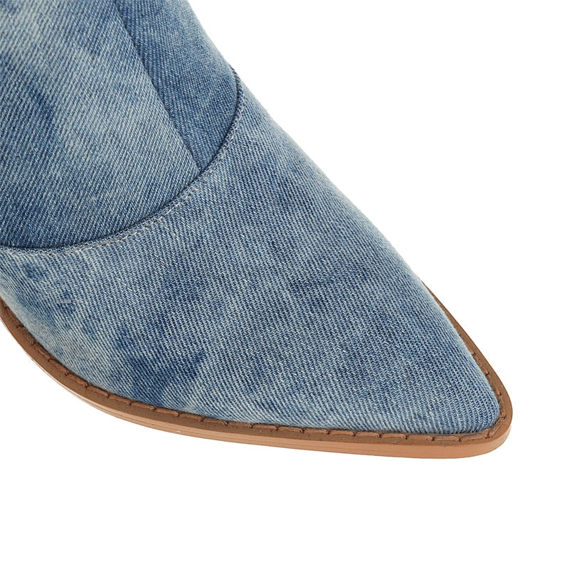 EB | Nischen Schlitz Spitze Zehe Ultra Hohe Absatz Hohe Röhre Denim Stiefel