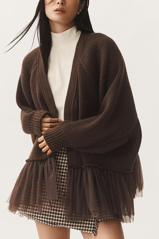 EB | Strickjacke mit Netz-Rüsche und Langen Ärmeln