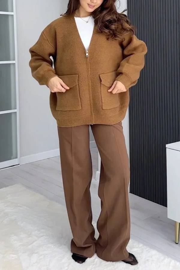 EB | Farbe Vielseitiger V-Ausschnitt Taschenpullover Jacke