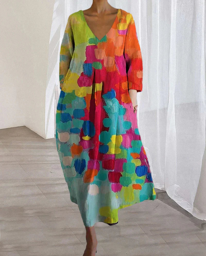 EB | Bunt Bedrucktes Kleid Mit V-Ausschnitt
