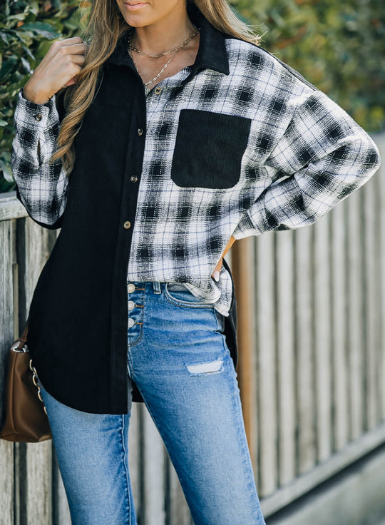 EB | Karierte Farbblock Gefallen Schulter Corduroy Shacket